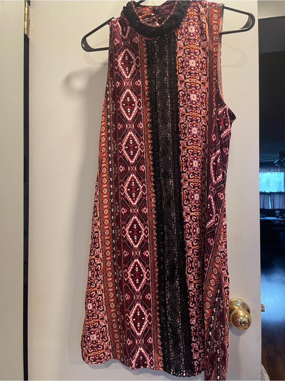 Trixxi Sleeveless Mock Neck Dress in Burgundy, Black and Orange size M